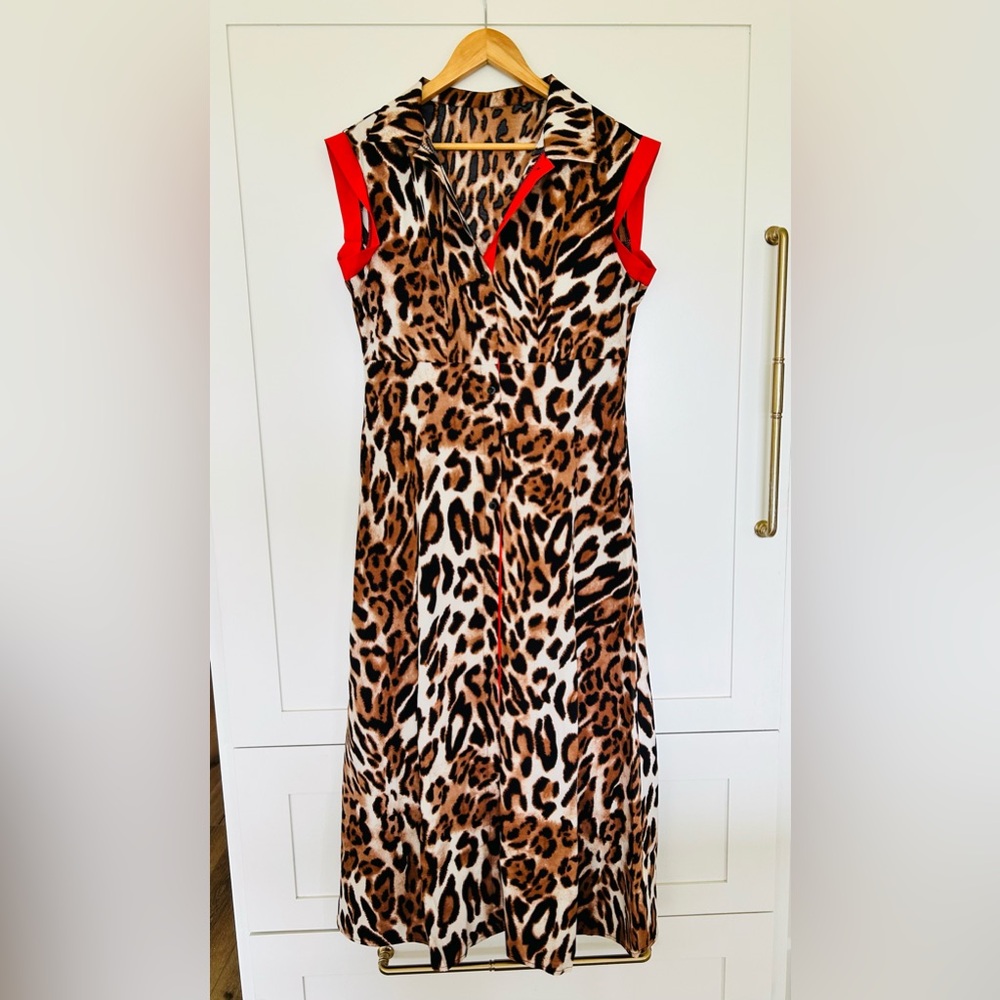 Leopard Print A-Line Dress with Red Trim